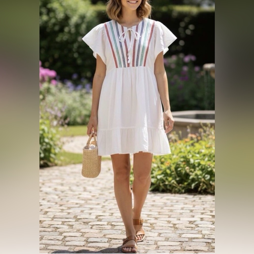 Knox Rose White Embroidered Boho Mini Dress Kimono Sleeve size medium